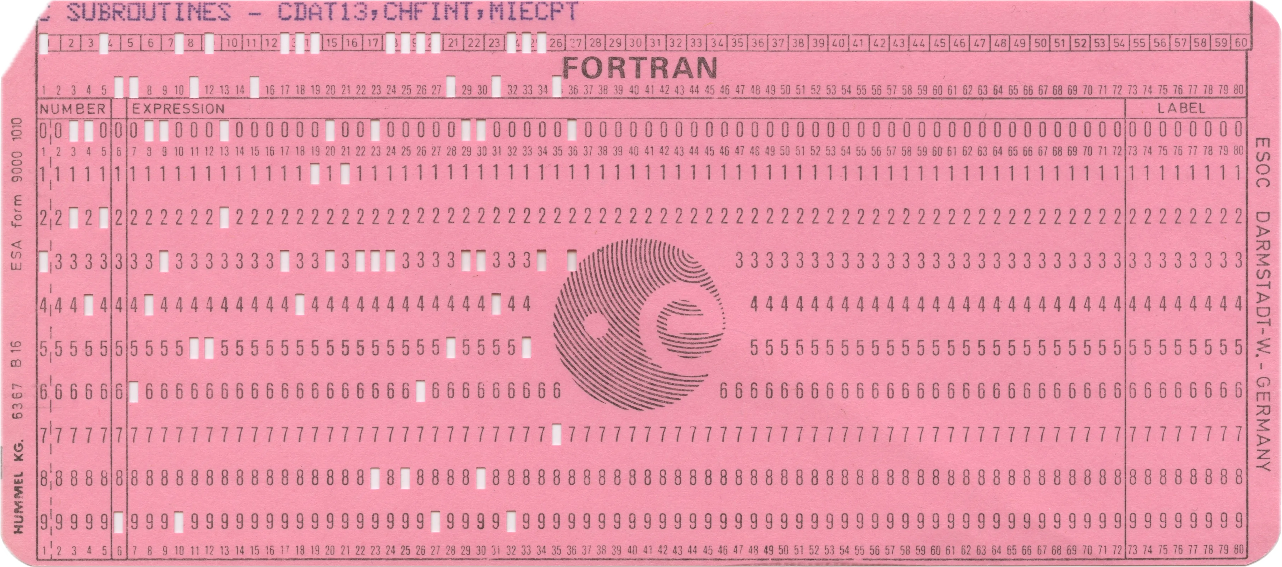 A pink punch card used for early computer programming, showing a grid with 12 rows and 80 columns of potential punch positions. This represents a historical method of programming where each instruction was physically punched into cards that were then fed into a computer in sequence.